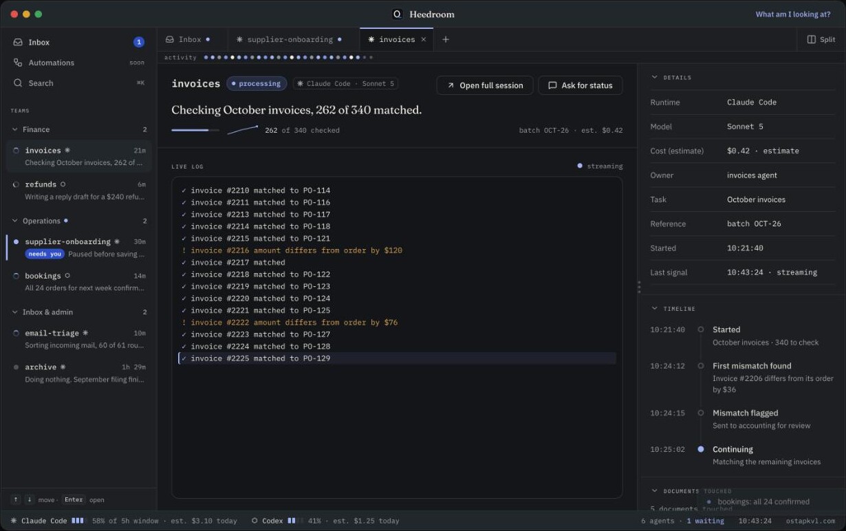 An agent tab in Heedroom with a live log of matched invoices, two flagged amount differences, and a side panel with runtime, model, cost estimate and timeline.