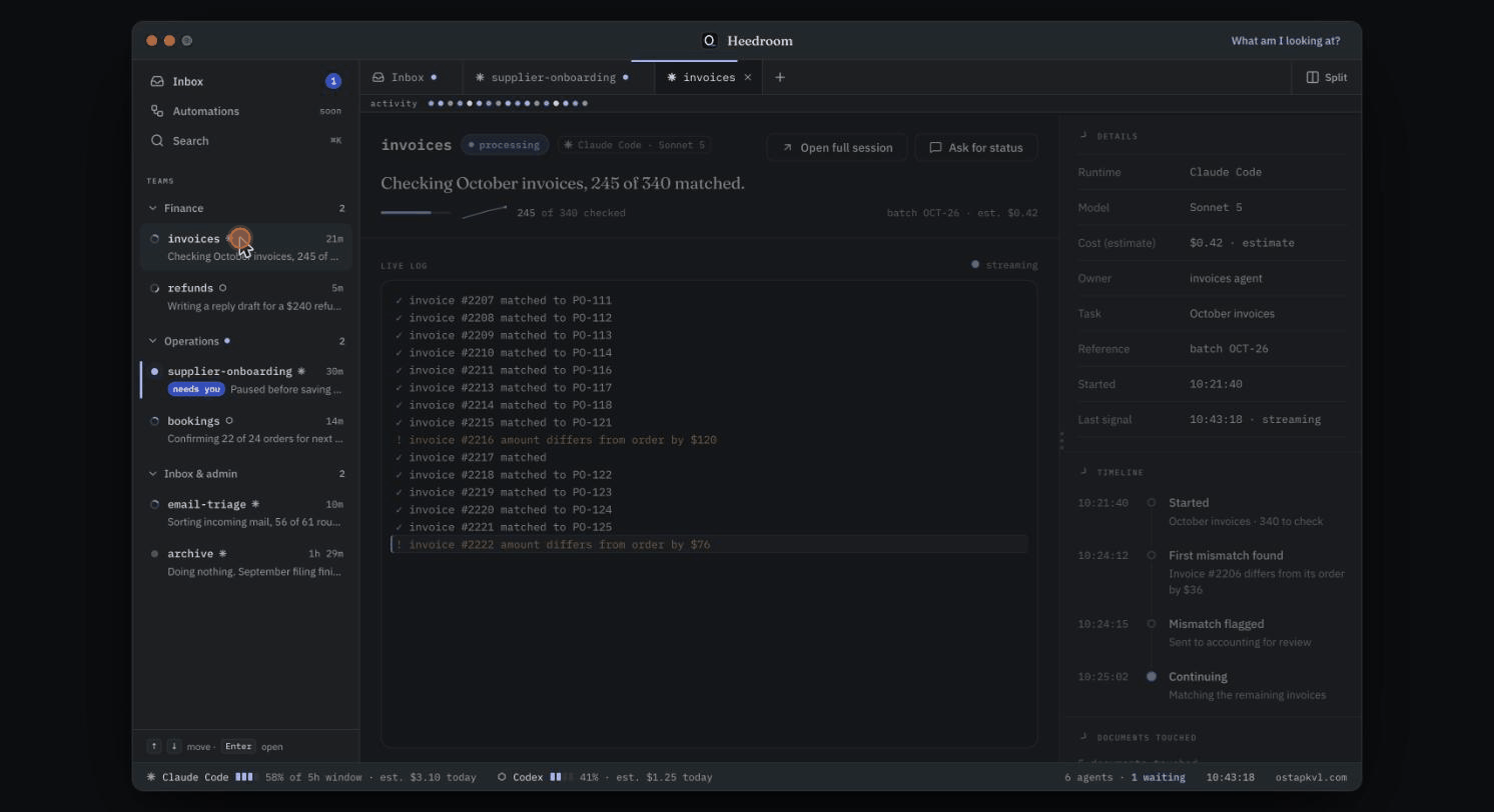 An animated Heedroom workspace: the operator opens an agent, splits the screen, answers a question about two bank accounts by choosing the contract account, and returns to an empty inbox.